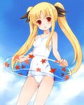  blonde_hair blush cloud day fate_testarossa innertube kurasuke long_hair lyrical_nanoha mahou_shoujo_lyrical_nanoha one-piece_swimsuit outdoors red_eyes school_swimsuit sky smile solo star star_print swimsuit transparent twintails white_school_swimsuit white_swimsuit 