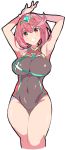  1girl arms_up bangs breasts commentary_request competition_swimsuit covered_navel enpe hair_ornament headpiece highres homura_(xenoblade_2) jewelry large_breasts looking_at_viewer nintendo one-piece_swimsuit open_mouth pose red_eyes red_hair short_hair sidelocks simple_background sketch smile solo swept_bangs swimsuit tiara white_background xenoblade_(series) xenoblade_2 