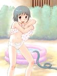  artist_request blush breasts copyright_request dress dress_lift hose navel panties short_hair small_breasts solo underboob underwear undressing wading_pool 