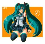  bad_id bad_pixiv_id blue_eyes blue_hair detached_sleeves hatsune_miku kara_(color) kneeling long_hair necktie solo thighhighs twintails vocaloid 