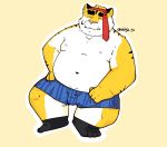  2019 anthro belly clothing cute_fangs eddga_go eyes_closed felid humanoid_hands male mammal moobs navel nipples overweight overweight_male pantherine simple_background solo tiger underwear 
