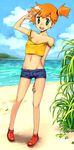  beach day green_eyes hand_on_thigh kasumi_(pokemon) midriff orange_hair pokemon salute sanae_(satansanae) side_ponytail smile solo standing strap_slip 