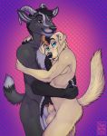  anthro asmos_(character) balls black_fur black_hair black_nose blue_eyes body_hair bovid brown_eyes canid canine canis caprine chest_hair curved_horn domestic_dog ear_piercing fur goat golden_retriever hair happy_trail horn hug kadohusky male male/male mammal nude penis piercing poking_out sheathed yellow_fur 