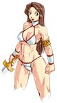  abs arikawa bikini boots brown_hair choker golden_axe green_eyes midriff muscle sega swimsuit sword toned tyris_flare weapon 