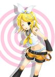  ;p blonde_hair blush kagamine_rin midriff one_eye_closed panties pochi_(pochi-goya) shorts solo striped striped_panties tongue tongue_out underwear vocaloid 