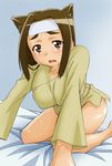  animal_ears arm_support barefoot bed blindfold blush bottomless breasts brown_eyes brown_hair copyright_request covered_nipples kneeling large_breasts lowres sawa_jaaji solo sweat tears 