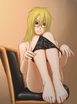  bad_id bad_pixiv_id barefoot blonde_hair copyright_request feet glasses kamisuki long_hair panties panty_pull red_eyes sitting smile solo underwear undressing 