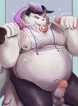  balls barmaku behemoth_(housamo) belly big_belly clothing cum cum_on_face doughnut erection food fur hair handjob hoodie horn humanoid_penis male monster moobs navel nipples overweight penis purple_hair sex tokyo_afterschool_summoners video_games white_fur 