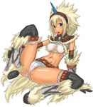  blue_eyes boots hairband horn kirin_(armor) lowres midriff monster_hunter solo spread_legs tagane thigh_boots thighhighs white_hair 