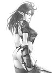 ass back dark_elf_(lineage_2) greyscale kanzeon lineage lineage_2 long_hair monochrome panties pointy_ears solo sword thighhighs underwear weapon 