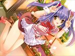  apron double_v dutch_angle eyebrows_visible_through_hair game_cg garden hair_bobbles hair_ornament jumping kinmedai_pink leg_up megami_taisen official_art open_mouth orange_eyes panties pantyshot purple_hair short_sleeves solo twintails underwear v waist_apron waitress white_panties wrist_cuffs yanagihara_sayu 