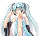  aqua_hair bad_id bad_pixiv_id bare_shoulders detached_sleeves futaori_arisa hatsune_miku long_hair one_eye_closed open_clothes open_shirt shirt solo twintails vocaloid 