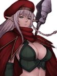  alleyne_(queen's_blade) beret blue_eyes braid breasts cape cleavage elf fumio_(rsqkr) hat large_breasts long_hair pointy_ears queen's_blade side_braid single_braid solo white_hair 