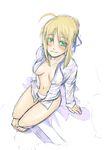  ahoge artoria_pendragon_(all) barefoot blonde_hair blouse blush breasts fate/stay_night fate_(series) from_above green_eyes hair_ribbon medium_breasts no_bra open_clothes open_shirt panties ribbon saber shindou_l shirt sitting sketch smile solo underwear 