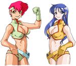  2girls arikawa blue_eyes blue_hair breasts brown_eyes cleavage dirty_pair gloves kei_(dirty_pair) long_hair midriff multiple_girls pink_hair short_hair smile yuri_(dirty_pair) 