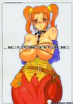  bdsm belt blush bondage bound breasts chiro_(youkai_tamanokoshi) collar corset cover doujinshi dragon_quest dragon_quest_viii earrings highres huge_breasts jessica_albert jewelry orange_hair red_eyes solo sweat twintails whip 