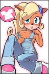  blonde_hair blue_eyes breasts cleavage coco_bandicoot crash_bandicoot furry naked_overalls overalls pey ponytail topless 