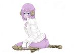  ass bad_id bad_pixiv_id blue_eyes blush bottomless claws copyright_request horns kneeling monster_girl purple_hair purple_skin shirt short_hair solo tail un_do 