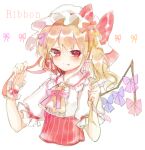  1girl ascot bangs blonde_hair blue_ribbon blush bow center_frills english_text eyebrows_visible_through_hair fang flandre_scarlet frilled_shirt frilled_shirt_collar frilled_sleeves frills hat hat_ribbon magenta_ribbon mob_cap one_side_up orange_ribbon pink_ribbon puffy_short_sleeves puffy_sleeves purple_ribbon red_bow red_eyes red_ribbon red_vest ribbon shirt short_hair short_sleeves smile solo sorani_(kaeru0768) touhou vest white_background white_shirt wings yellow_ascot yellow_ribbon 