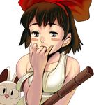  bad_id bad_pixiv_id blush brown_eyes brown_hair camisole finger_licking hair_ribbon hands kiki licking majo_no_takkyuubin masao ribbon short_hair solo strap_slip sweat upper_body 