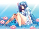  blue_eyes blue_hair carnelian flower hair_flower hair_ornament lily_pad lingerie long_hair lyrical_ds lyrical_lyric ribbon solo takami_rin underwear water 