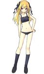  black blonde_hair contrapposto covered_nipples flat_chest full_body hair_ribbon hand_on_hip kneehighs loafers long_hair lowleg lowleg_panties navel original panties poco_(asahi_age) red_eyes ribbon shoes simple_background solo sports_bra standing underwear underwear_only white_background 