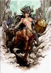  armor axe black_hair breasts breasts_apart centaur copyright_request doujinshi green_eyes helmet hooves horns kajiyama_hiroshi large_breasts long_hair monster_girl nipples non-web_source nude open_mouth pointy_ears shield slit_pupils solo sword weapon yellow_eyes 