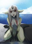  animal_ears beach blue_submarine_no_6 breasts day face kneeling long_hair medium_breasts monster_girl mutio ocean open_mouth pointy_ears pu-chin red_eyes silver_hair solo 