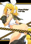  ass bent_over blue_eyes boots bottomless caution_tape censored cover detached_sleeves doujinshi hair_ornament hair_ribbon hairclip headset hermmy kagamine_rin kneeling ribbon school_uniform short_hair solo vocaloid 