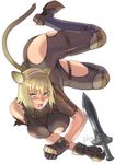  animal_ears blonde_hair blush breasts fangs final_fantasy final_fantasy_xi green_eyes hairband large_breasts lying mithra robina short_hair solo sword tail torn_clothes weapon 