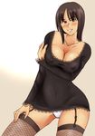  black_hair blush breast_hold breasts cameltoe cleavage covered_nipples large_breasts nico_robin one_piece panties pantyshot rirakukan short_hair smile solo thighhighs underwear 