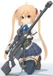  1girl absurdres ahoge anti-materiel_rifle arm_garter bangs bipod black_legwear blonde_hair blue_neckwear blue_skirt body_armor boots bow bowtie brown_eyes brown_footwear combat_boots commentary_request dress_shirt eyebrows_visible_through_hair full_body gloves gun hair_ornament hair_scrunchie harness highres holding holding_gun holding_weapon holster ichigotofu kneeling legs long_hair long_sleeves looking_at_viewer miniskirt original partial_commentary petticoat plaid plaid_skirt pleated_skirt red_scrunchie rifle school_uniform scope scrunchie shadow shirt skirt smile sniper_rifle solo thigh_holster thigh_strap thighhighs twintails v-shaped_eyebrows weapon white_background white_gloves white_shirt wing_collar zastava_m93_black_arrow 