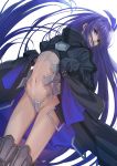  1girl bangs black_jacket commentary_request crotch_plate eyebrows_visible_through_hair fate/extra fate/extra_ccc fate_(series) groin hair_between_eyes hands_up head_tilt highres jacket juliet_sleeves long_hair long_sleeves looking_at_viewer meltlilith navel puffy_sleeves purple_eyes purple_hair simple_background sleeves_past_fingers sleeves_past_wrists solo tuchinokoeffect very_long_hair white_background 