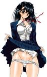  black_eyes black_hair blush fujun_isei_koyuu kino_hitoshi lingerie panties panty_pull pussy_juice ribbon school_uniform skirt skirt_lift solo underwear white_panties 