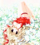  aquarian_age barefoot blonde_hair breasts bug butterfly cleavage covered_nipples downblouse garters highres insect lingerie long_hair lying medium_breasts on_back oono_tetsuya red_eyes soles solo underwear 