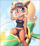  1girl airplane blonde_hair breasts coco_bandicoot crash_bandicoot furry legs pey playstation ponytail smile water_ski 