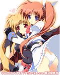  blonde_hair fate_testarossa frilled_panties frills long_sleeves lyrical_nanoha mahou_shoujo_lyrical_nanoha mahou_shoujo_lyrical_nanoha_a's mahou_shoujo_lyrical_nanoha_strikers mitsuki_mantarou multiple_girls panties pantyshot side-tie_panties takamachi_nanoha underwear white_panties wind wind_lift 