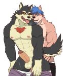  abs after2 balls blue_hair butt butt_grab canid canine canis clothing domestic_dog erection eyewear fur garmr glasses hair hand_on_butt humanoid_penis male male/male mammal multicolored_fur muscular muscular_male nipples pecs penis tokyo_afterschool_summoners tongue two_tone_fur undressing video_games 