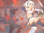  akinbo_(hyouka_fuyou) cat crimson_fatalis detached_sleeves dragon fatalis felyne gloves horns kirin_(armor) midriff monster_hunter panties skirt skirt_lift sword thighhighs underwear weapon white_hair 