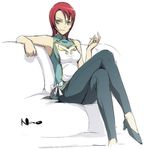  armpits artist_request bare_shoulders blue_scarf breasts cleavage crossed_legs full_body high_heels juliet_nao_zhang looking_at_viewer medium_breasts my-otome pants scarf shirt simple_background sitting sleeveless sleeveless_shirt solo white_background white_shirt 