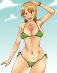  aqua_background armpits bangle bikini blush bracelet breasts cameltoe covered_nipples green_bikini jewelry large_breasts log_pose midriff nami_(one_piece) one_piece rirakukan side-tie_bikini swimsuit tattoo 