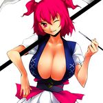  areolae breasts cleavage hands huge_breasts kiseru one_eye_closed onozuka_komachi pink_eyes pink_hair pipe short_hair smoking solo touhou yurikawa 