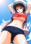  breasts brown_hair copyright_request day denim denim_shorts glasses hat large_breasts satou_chagashi short_hair shorts sky solo underboob 