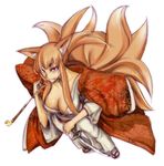  animal_ears breasts brown_hair cleavage fang foreshortening fox_ears fox_tail from_above japanese_clothes katana kimono kiseru large_breasts multiple_tails original pipe ponytail red_eyes sandals shindou_l simple_background smile solo sword tail weapon white_background 