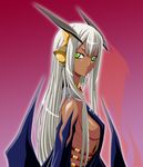  copyright_request dark_skin demon gradient gradient_background green_eyes horns isse lace silver_hair solo strap white_hair 