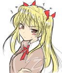  akata_itsuki blonde_hair brown_eyes closed_mouth expressionless hair_ribbon looking_at_viewer puffy_short_sleeves puffy_sleeves red_ribbon ribbon sawachika_eri school_rumble school_uniform serafuku short_sleeves sidelocks simple_background sketch solo sweatdrop twintails white_background 