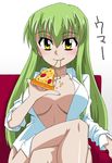  bottomless c.c. cheese_trail code_geass food green_hair holding_pizza long_hair miyakodori_takayuki open_clothes open_shirt pizza shirt slice_of_pizza solo 