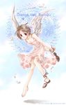  2000 brown_hair dress english minakami_kaori original red_eyes sandals short_hair single_sandal solo watermark wings 