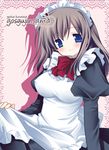  apron black_dress blue_eyes bow bowtie brown_hair dress frilled_apron frills juliet_sleeves long_hair long_sleeves looking_at_viewer maid maid_headdress natsume_eri original puffy_sleeves red_bow red_neckwear simple_background solo 
