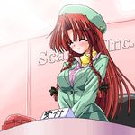  black_bow bow braid closed_eyes contemporary formal green_hat hair_bow hat hong_meiling long_hair lowres phone red_hair solo suit touhou twin_braids yamu_(reverse_noise) 